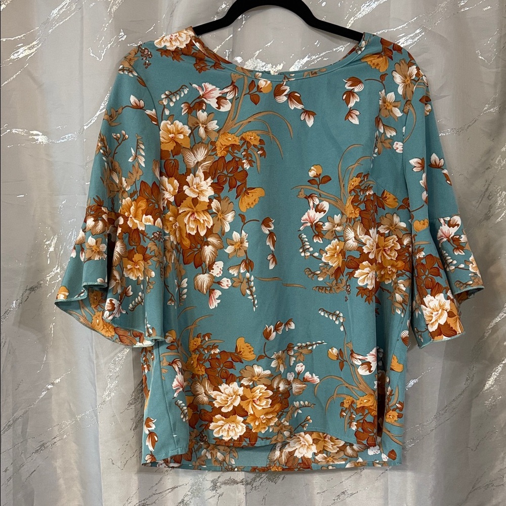 SHEIN Teal and Orange Floral Blouse